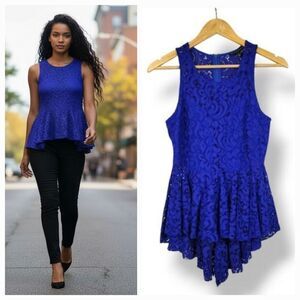 Haute Monde Lace High Low Peplum Sleeveless Top in Royal Blue Size Large